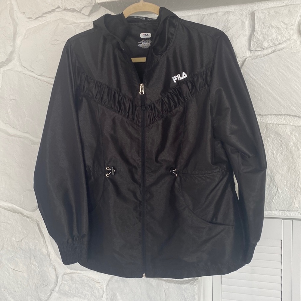 Fila Black designer front zipper pull sides slight shine jacket